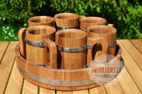 Set of oak beer mugs with a tray